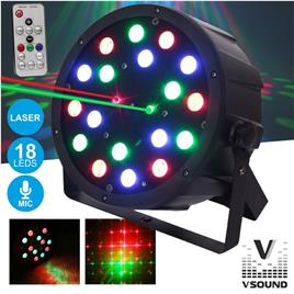PROJETOR LUZ C/ 18 LEDS 1W RGB C/LASER DMX MIC FLAT VSOUND