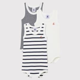 Petit Bateau Lote de 3 bodies de cavas, às riscas
