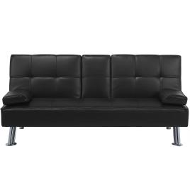 Sofá-cama de 3 lugares em pele sintética preta ROXEN