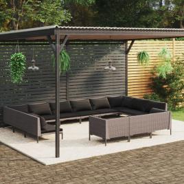 vidaXL 13 pcs conj. lounge jardim c/ almofadões vime PE cinza-escuro