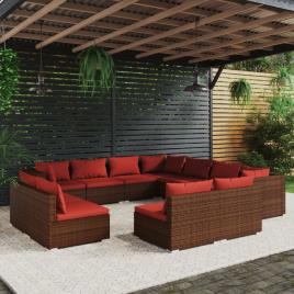 vidaXL 11 pcs conjunto lounge de jardim c/ almofadões vime PE castanho