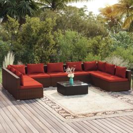 vidaXL 10 pcs conjunto lounge de jardim c/ almofadões vime PE castanho