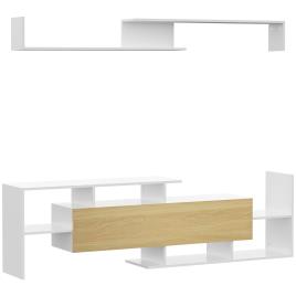 HOMCOM Móvel de TV Moderno Móvel para Televisores 153,6x25x42cm e Prateleira de Parede 150x14,5x16,3cm Branco e Madeira   Aosom Portugal