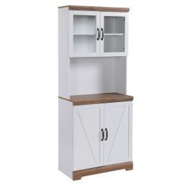 HOMCOM Armário de Cozinha com 2 Portas de Vidro Prateleiras Ajustáveis Bancada e Sistema Anti-Tombo 72x40x178cm Branco e Madeira   Aosom Portugal