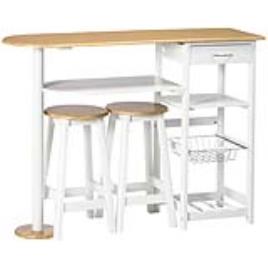 HOMCOM Conjunto de Mesa com 1 Gaveta 2 Prateleiras Cesta Removível e Suporte para Garrafas 119x38,5x88,5cm e 2 Bancos 29x29x55cm Branco   Aosom Portugal