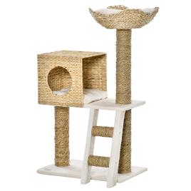 PawHut Arranhador para Gatos Arranhador para Gatos com Cama Superior Caverna 2 Almofadas 2 Postes Escada 57x37x100,5cm Bege   Aosom Portugal