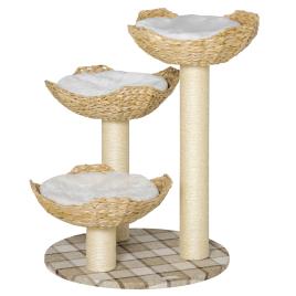PawHut Árvore Arranhador para Gatos Altura 75cm Arranhador para Gatos com 3 Camas de Totora Almofadas e Postes Ø56x75 cm Madeira   Aosom Portugal