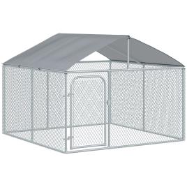 PawHut Canil de Exterior com Toldo Gaiola para Cães de Metal Galvanizado com Fechadura para Jardim Pátio 230x230x175cm Prata   Aosom Portugal