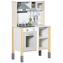 AIYAPLAY Cozinha Infantil de Madeira Cozinha para Crianças acima de 3 Anos com Altura Ajustável Luz Sons 60x30,5x93,2cm Branco e Cinza   Aosom Portugal