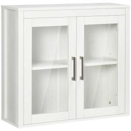kleankin Armário Casa de Banho de Parede com 2 Portas de Vidro e Prateleira Móvel Suspenso de Casa de Banho 60x19,5x54cm Branco   Aosom Portugal