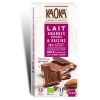 Barra de chocolate ao leite com amêndoas e uvas inteiras 180 g - Kaoka