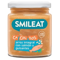 Jarra com pequenos pedaços de arroz com salmão e ervilhas 10m+ 230 g - Smileat