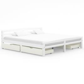 Estrutura de Cama com 4 Gavetas 200x200 cm Pinho Maciço Branco