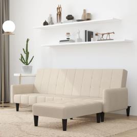 vidaXL Sofá-cama de 2 lugares com banco tecido de microfibra cor creme