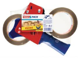 Dispensador de Fita Cola de Embalar TESA® Azul E Vermelho + 2 Rolos Fita De Embalagem Castanha