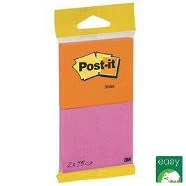 Post-it Bloco Notas Aderentes 76 x 63.5 mm, Rosa e Laranja Néon, Pack 2, 75 folhas