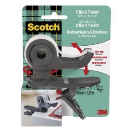 Dispensador de Fita Cola Clip & Twist, Cinzento, com Rolo Fita Magic™, 19 mm x 8,89 m