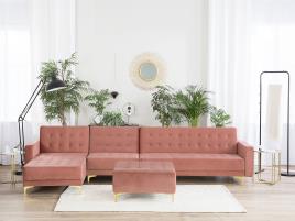 Sofá de canto à direita de 5 lugares com repousa-pés em veludo versão rosa ABERDEEN