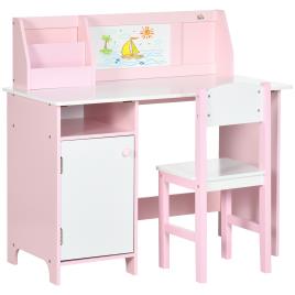 HOMCOM Conjunto de Mesa e Cadeira Infantil de Madeira com Quadro Branco Mesa de Estudo para Crianças acima de 5 Anos 90x45x85cm Rosa   Aosom Portugal