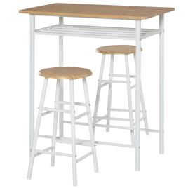 HOMCOM Conjunto de Móvel Bar com Mesa Alta e 2 Bancos com Prateleira de Armazenamento e Estrutura de Metal 80x50x90cm Branco e Madeira   Aosom Portugal