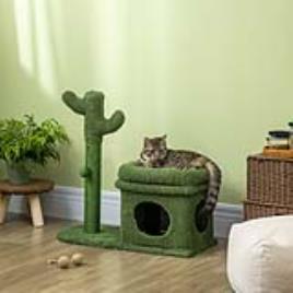 Árvore Arranhador para Gatos, Desenho de Cacto, Altura 83cm, Torre para Gatos com Cama, Casa de Peluche, Poste de Sisal e Bola Suspensa 68x30x67cm Ver