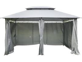 Pérgula OUTSUNNY Estrutura de aço Telhado duplo 6 cortinas laterais Cinzento (3 x 4 m)