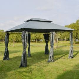 Outsunny Pérgola de jardim 3x4 m com estrutura de aço telhado duplo 6 cortinas laterais 8 orifícios de drenagem Boa ventilação para festas Eventos cinza