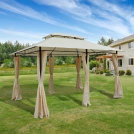 Outsunny Pérgola de jardim 3x4 m estrutura de aço telhado Duplo 6 Cortinas Laterais 8 Orifícios de Drenagem Boa Ventilação para Festas Eventos Creme     