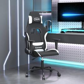 vidaXL Cadeira de gaming giratória tecido branco e preto