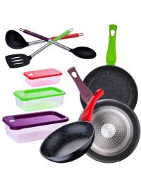 Conjunto de 3 panelas 18 22 e 26 cm, 3 herméticos empilháveis e utensílios multicor UNIQUE