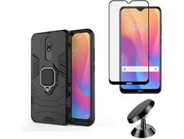 Kit Capa, Película de Vidro Temperado 5D e Suporte Magnético Auto Xiaomi Redmi 8A PHONOCARE Militar Preto