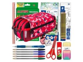 Estojo Triplo com Material Escolar COLEPACK Design Camuflagem (Vermelho - 22 x 11 x 9 cm - Poliéster)