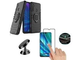 Kit Capa, Película de Vidro Temperado 5D e Suporte Magnético Auto Realme 5 Pro PHONOCARE Militar Preto