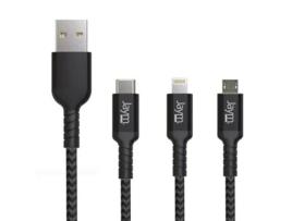 Cabo JAYM 1,5 Metros - Usb-A A 3 Salidas : Lightning, Type-C Y Micro Usb - Garantíade Vida - Ultra Reforzado - Fabricado En Fibra Dupont Kevlar