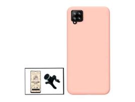 Kit Vidro Temperado Ceramica Full Cover + Capa Silicone Líquido + Suporte Magnético Reforçado para Samsung Galaxy A12 Rosa