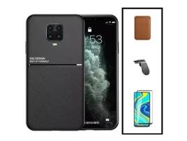 Kit Capa Traseira Magnética Anti Choque + Carteira Magentica Castanho + Película de Vidro Temperado Gorilasglass + Suporte de Carro Magnético L para Xiaomi Redmi Note 10 Lite