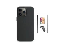 Kit Vidro Temperado Ceramica Full Cover + Capa Silicone Líquido + Suporte de Carro Magnético L para iPhone 14 GIFT4ME Preto