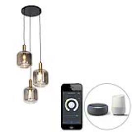 Smart hanglamp zwart met smoke glas 3-lichts incl. Wifi A60 - Zuzanna