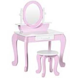 ZONEKIZ Toucador Infantil com Banco Espelho e Gaveta Mesa de Maquilhagem para Crianças entre 3-6 Anos 65,5x46x93cm Rosa   Aosom Portugal