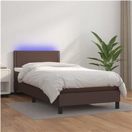 vidaXL Cama box spring c/ colchão/LED 90x200 cm couro artif. castanho