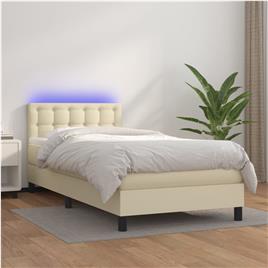 vidaXL Cama box spring c/ colchão/LED 90x200 cm couro artificial creme
