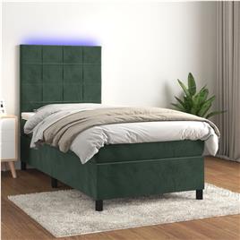 vidaXL Cama box spring c/ colchão/LED 90x190 cm veludo verde-escuro