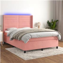 vidaXL Cama box spring c/ colchão/LED 140x190 cm veludo rosa