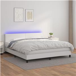 vidaXL Cama box spring c/colchão/LED 160x200cm couro artificial branco