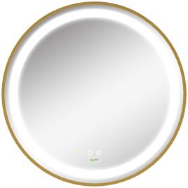 kleankin Espelho Casa de Banho Redondo com Luz LED 3 Luzes Ajustáveis Visualização de Temperatura e Hora Função de Memória Ø60x4cm Dourado   Aosom Portugal