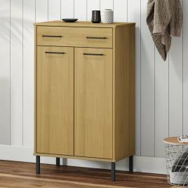 vidaXL Sapateira com pernas de metal OSLO pinho maciço castanho