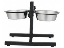 Comedouro Duplo para Cães  Suporte Regulável (Cinzento - 25cm - Aço Inoxidável)