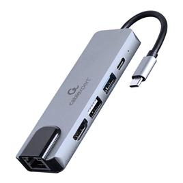 Adaptador Gembird USB-C 5-in-1(Hub+HDMI+PD+LAN) Prateado