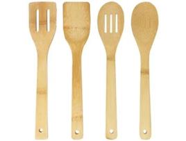 4 Utensílios de Bambu Elegantes e Resistentes: Colher de Madeira Espátula de Bambu Colher com Fenda Espátula com Fenda