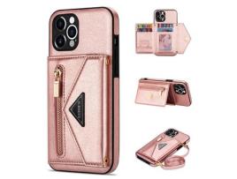 Capa PU N.BEKUS com suporte de pontapé, bolso com fecho éclair e cordão de segurança rosa para iPhone 12 Pro 6.1